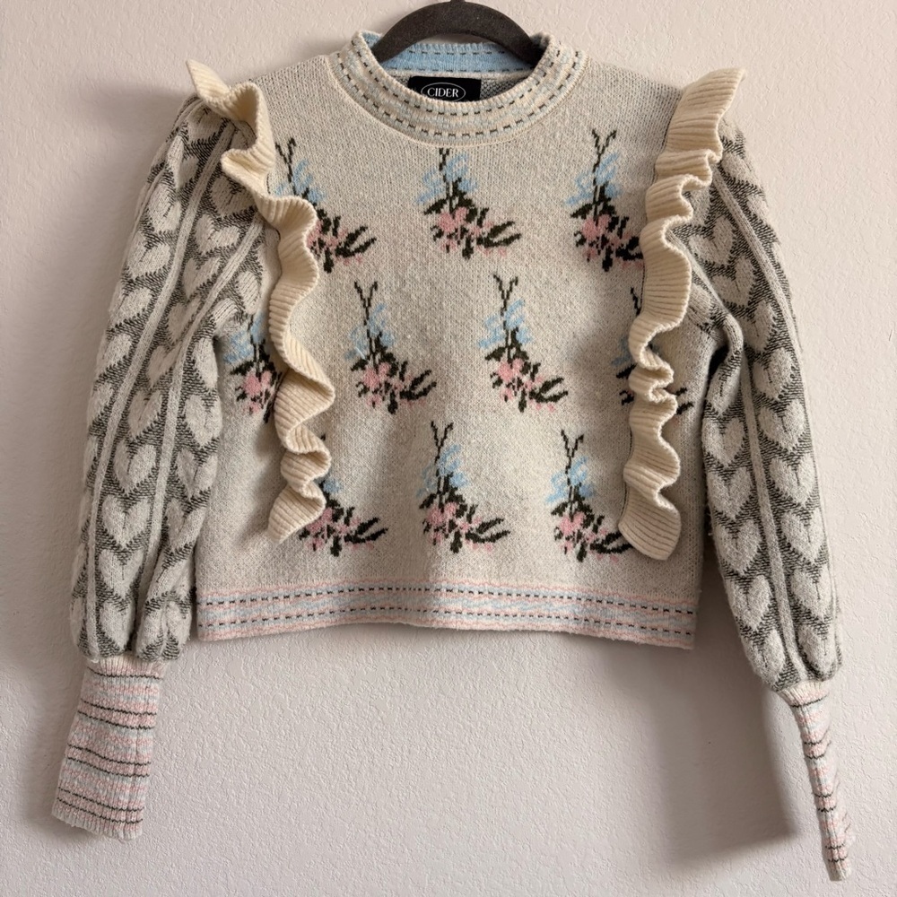 Cider- Floral Patterned Sweater with Ruffle Details- size Small - Picture 2 of 8